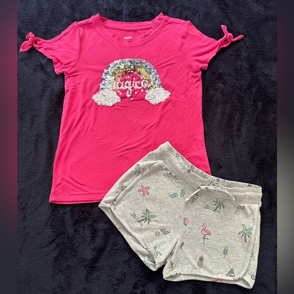 Rumi+ryder , Pink top  with Gray shorts